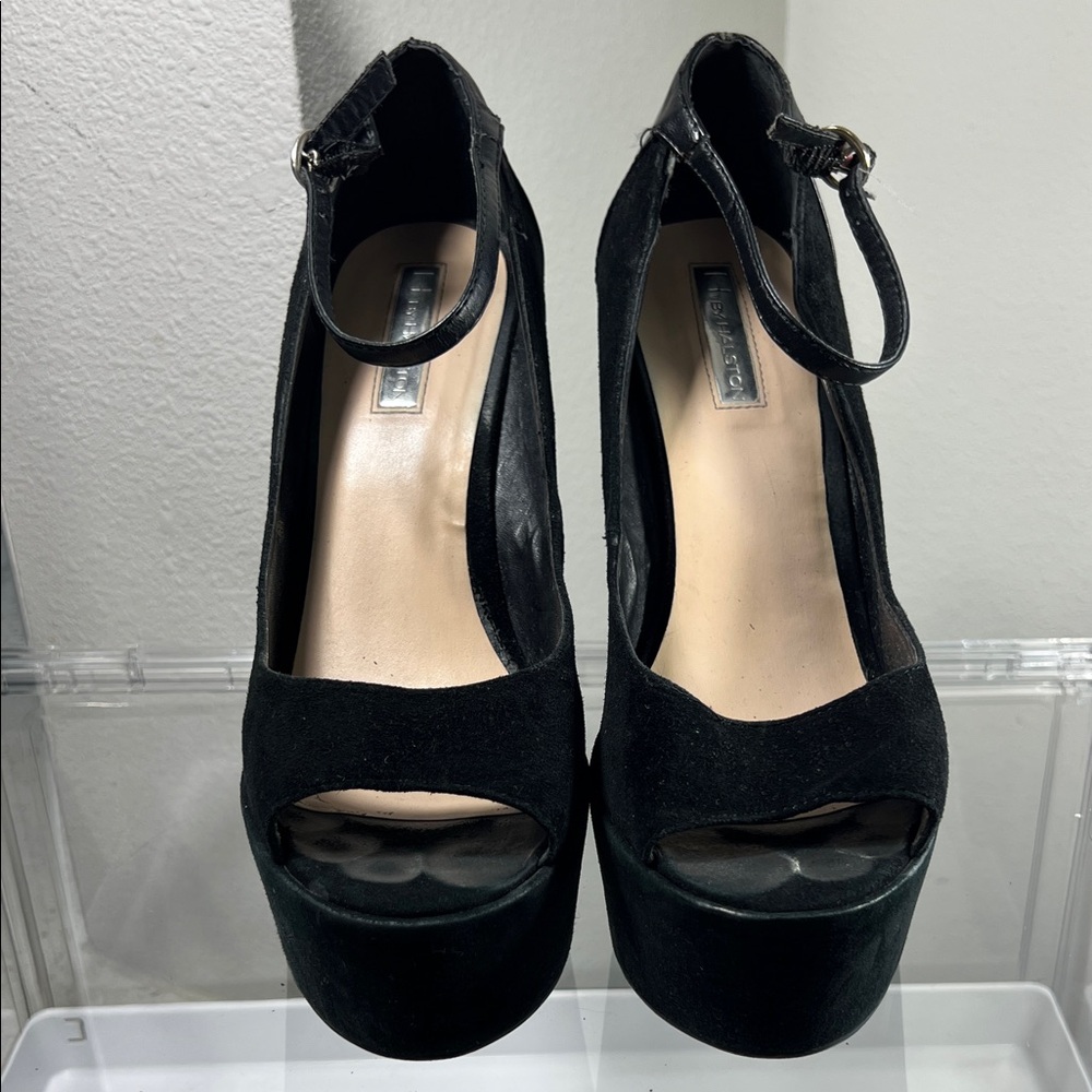 H by Halston Black Suede and Leather Ankle-Strap Platform Wedges